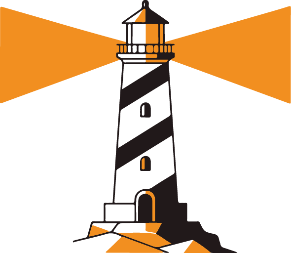 Lighthouse illustration with spiral design and beams of light coming from the lantern